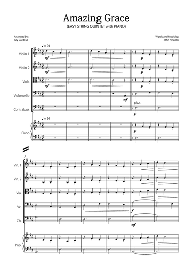 "Amazing Grace" (Easy String Quintet with Piano)