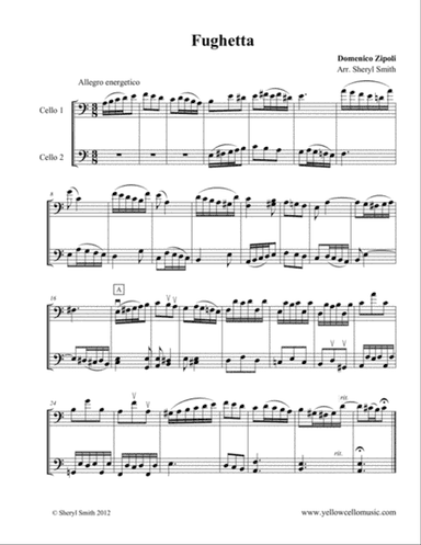 Fughetta for cello duo / duet (two cellos), a Baroque piece by Zipoli