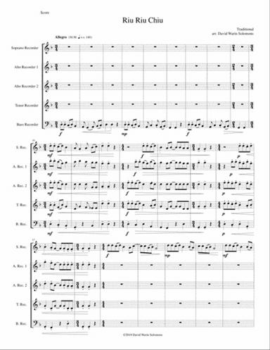 Riu Riu Chiu arranged for recorder quintet (soprano, 2 altos, tenor, bass)