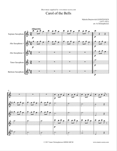 Carol of the Bells - Saxophone Quintet