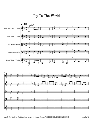 Joy To The World for String Quartet in Schools