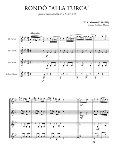 Rondò alla Turca (Turkish March) for Clarinet Quartet
