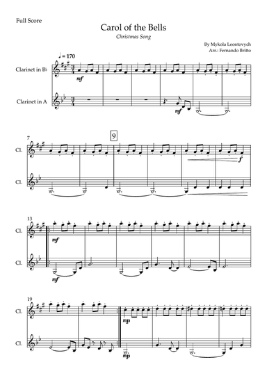 Carol of the Bells in Jazz Version (Christmas Song) for Clarinet in Bb & Clarinet in A Duo