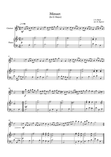 Minuet (In G Major), Johann Sebastian Bach, For Clarinet & Piano