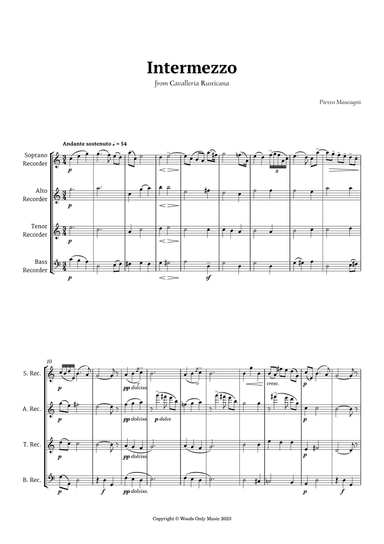 Intermezzo from Cavalleria Rusticana by Mascagni for Recorder Quartet