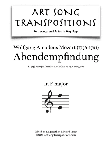 MOZART: Abendempfindung, K. 523 (transposed to F major)