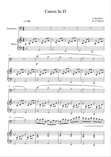 Canon In D, Johann Pachelbel, For Trombone & Piano