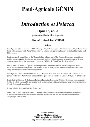 Paul-Agricole Génin: Introdcution et Polacca, Opus 15, no. 2 for alto saxophone and piano