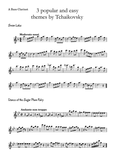 3 popular and easy themes by Tchaikovsky with accompaniment and chord symbols for A Bass Clarinet