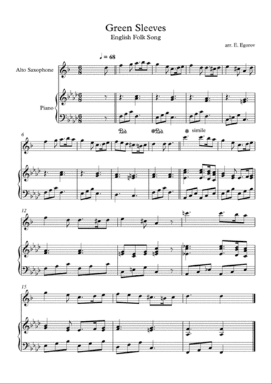 Greensleeves (What Child is This), English Folk Song, For Alto Saxophone & Piano