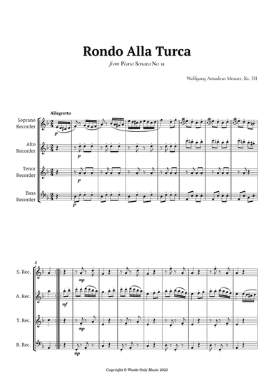Rondo Alla Turca by Mozart for Recorder Quartet