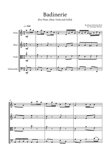 Badinerie by J. S. Bach (For Flute, Oboe, Viola and Cello)