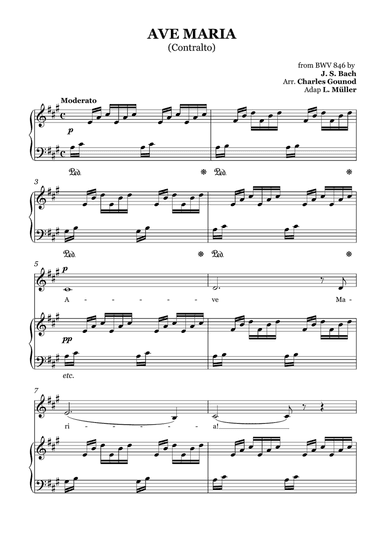 AVE MARIA - Bach/Gounod. For Soloist Contralto in A Major with Piano Accompaniment
