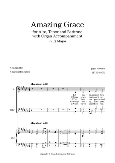 Amazing Grace in C# Major - Alto, Tenor and Baritone with Organ Accompaniment