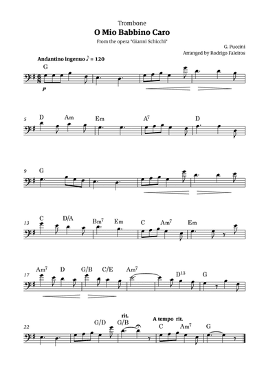 O Mio Babbino Caro - for trombone solo (with chords)
