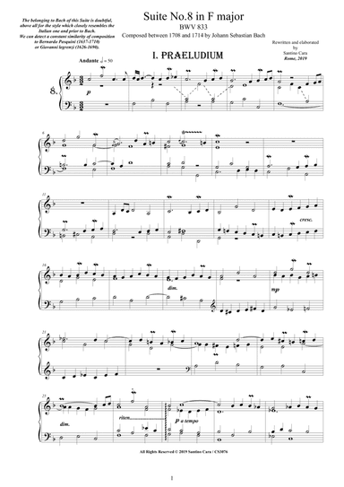 Bach - Piano Suite No.8 in F major BWV 833 - Complete Piano version