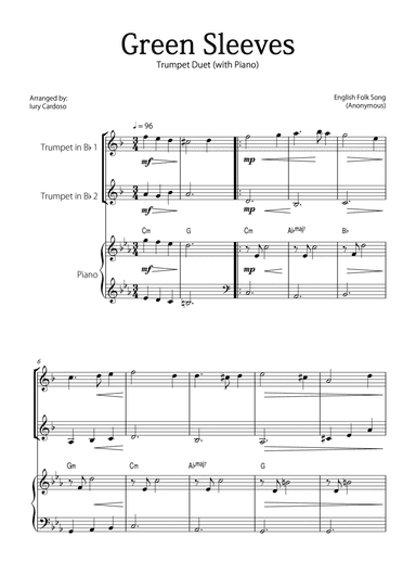 "Green Sleeves" - Beautiful easy version for TRUMPET DUET and PIANO