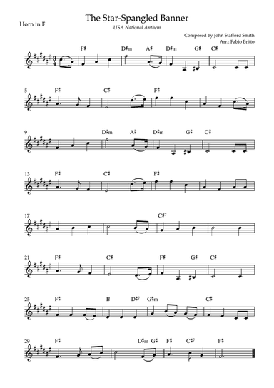 The Star Spangled Banner (USA National Anthem) for Horn in F Solo with Chords (B Major)