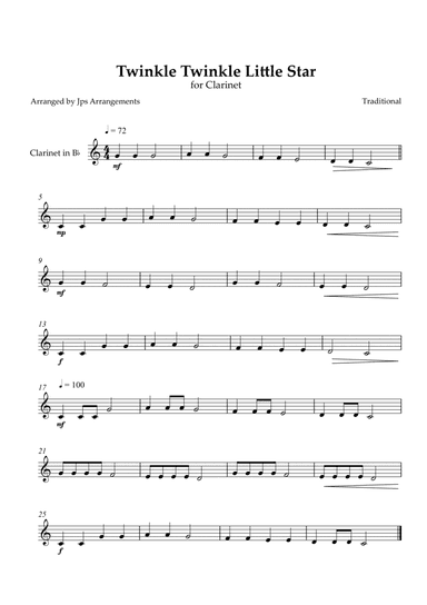 Twinkle Twinkle Little Star for Clarinet in Bb Major