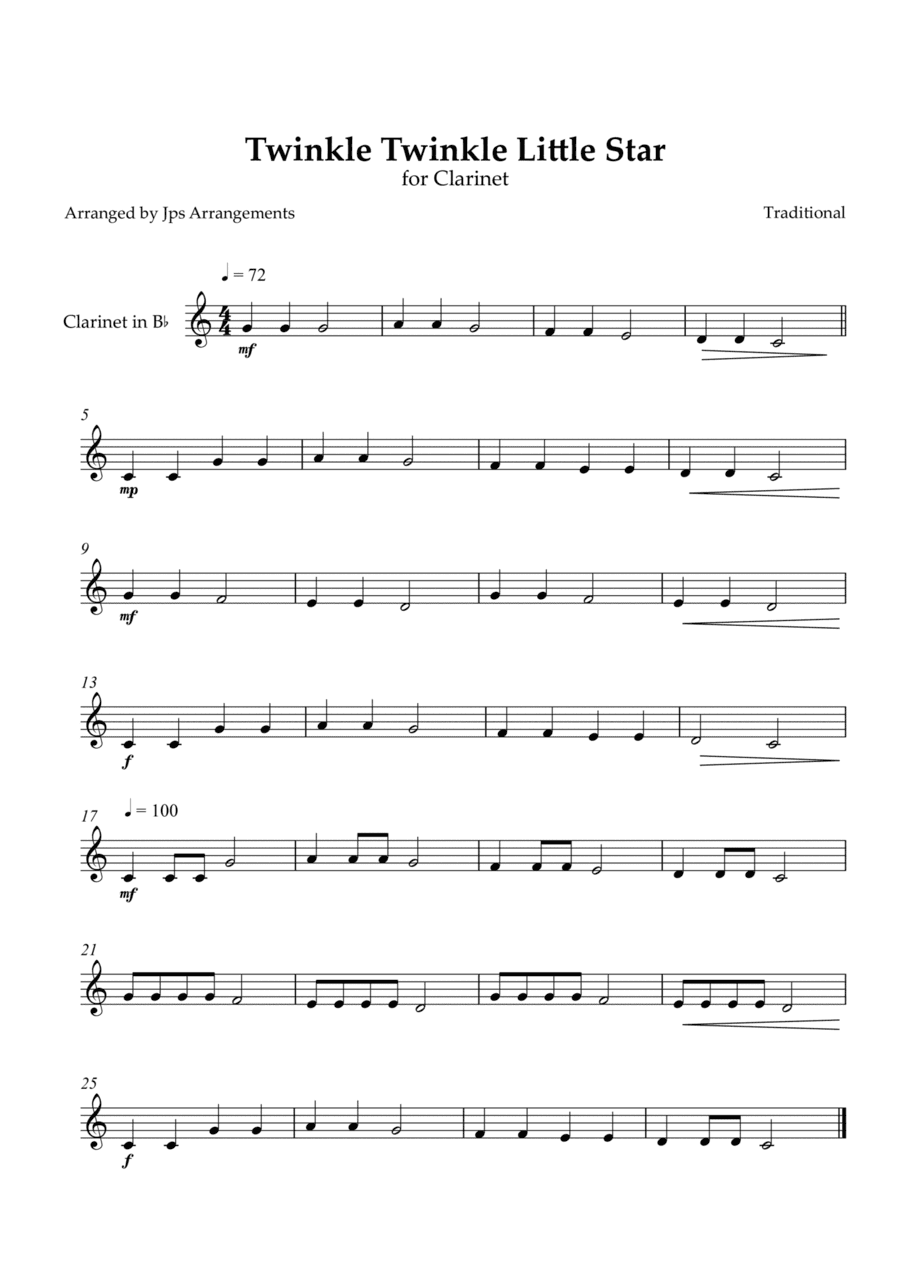 Twinkle Twinkle Little Star for Clarinet in Bb Major