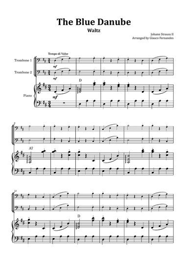 The Blue Danube - Trombone Duet with Piano and Chord Notations
