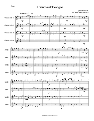 Il bianco e dolce cigno arranged for 4 clarinets