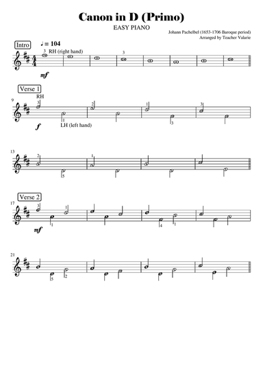 Canon in D - EASY PIANO DUET with note names and finger numbers
