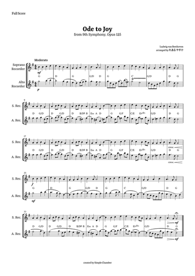 Ode to Joy for Recorder Duet by Beethoven Opus 125