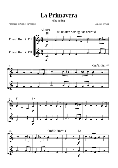 La Primavera (The Spring) by Vivaldi - French Horn Duet with Chord Notations