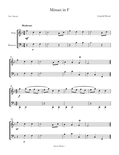 leopold mozart minuet in f sheet music for flute and bassoon