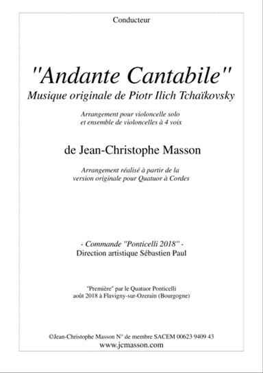 Andante Cantabile by Tchaïkovsky for Cello solo and 4 celli or more --- Score and Parts --- arr.JCM