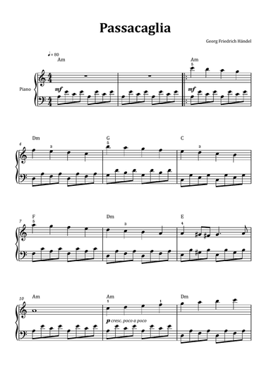 Passacaglia by Handel/Halvorsen - Easy Piano with Chord Notation