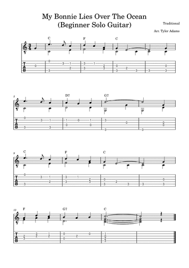 My Bonnie Lies Over The Ocean (Beginner Solo Guitar)