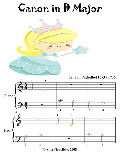 Canon in D Beginner Piano Sheet Music with Colored Notes