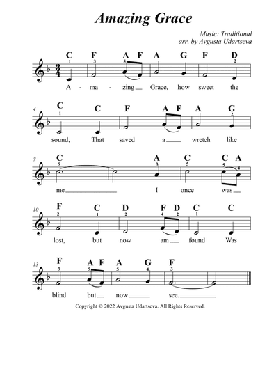 Amazing Grace Treble Clef Very Easy