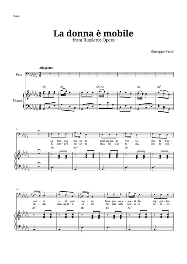 La donna è mobile in D-flat major for Bass and Piano