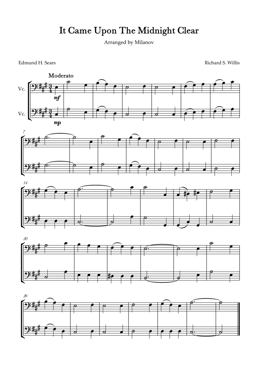 It Came Upon The Midnight Clear Cello Duet in A Melody and accompaniment Easy Intermediate
