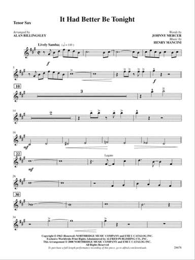It Had Better Be Tonight (recorded by Michael Buble): B-flat Tenor Saxophone