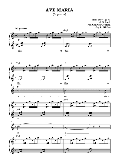 AVE MARIA - Bach/Gounod. For Soloist Soprano in F Major with Piano Accompaniment