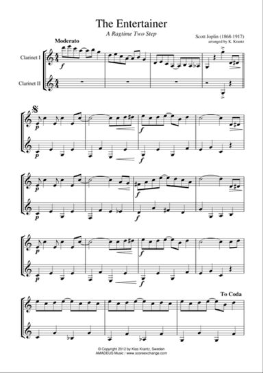 The Entertainer, Ragtime (easy, abridged) for clarinet duet