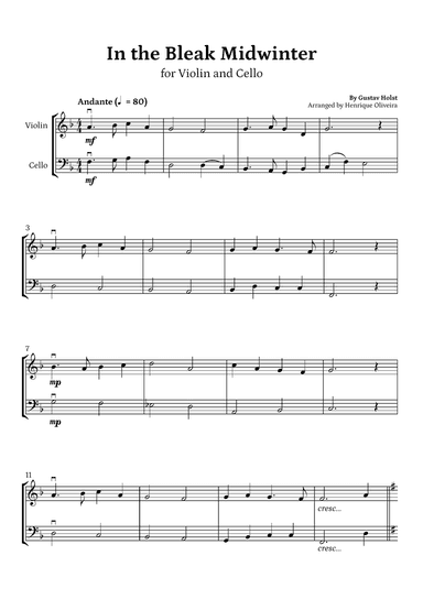 In the Bleak Midwinter (Violin and Cello) - Beginner Level