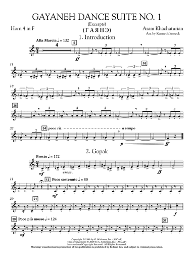 Gayenah Dance Suite No. 1 (Excerpts) (arr. Kenneth Snoeck) - Horn 4 in F