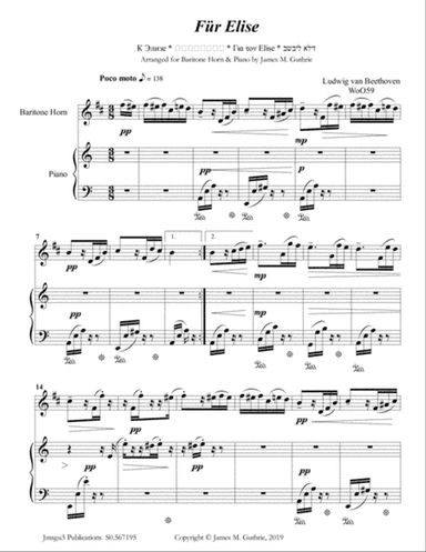 Beethoven: Für Elise for Baritone Horn & Piano