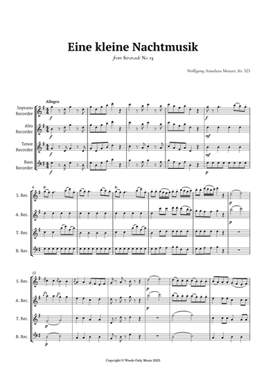 Eine kleine Nachtmusik by Mozart for Recorder Quartet