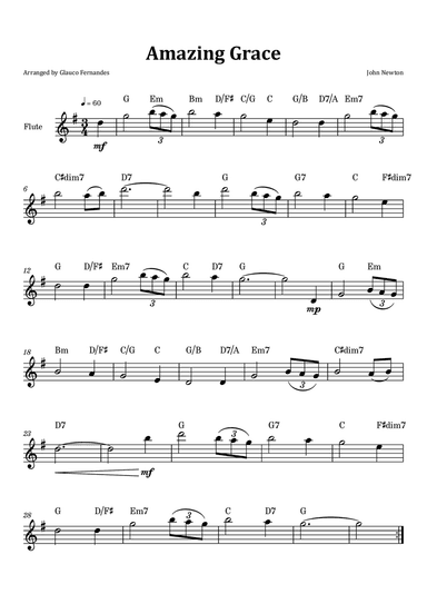 Amazing Grace - Flute Solo with Chord Notation