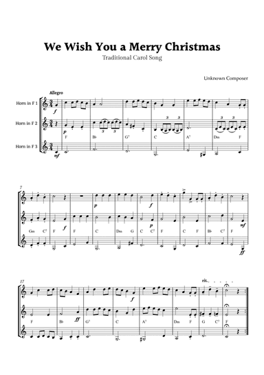 We Wish you a Merry Christmas for French Horn Trio with Chords