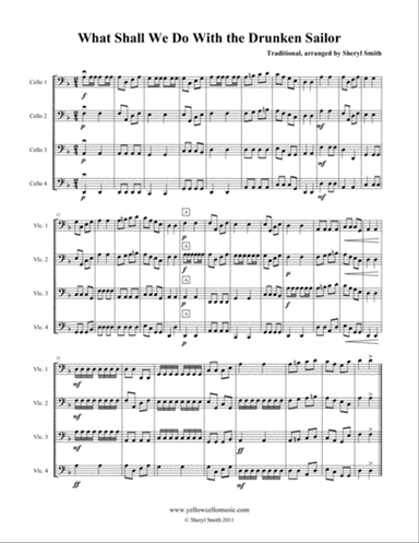 What Shall We Do With the Drunken Sailor arranged for four beginner cellos (cello quartet)
