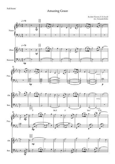 Amazing Grace (John Newton, E. O. Excell) for Oboe & Bassoon Duo and Piano Accompaniment with Chords