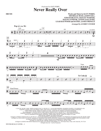 Never Really Over (arr. Audrey Snyder) - Drums