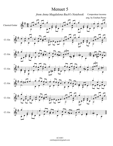 Menuet 5 from Anna Magdalena Bach's Notebook for Classical Guitar
